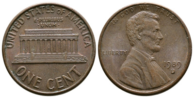 США 1 цент 1989 D, Линкольн KM 201b цинк плакированный медью    4608-423