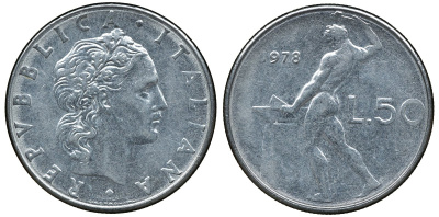 Италия 50 лир 1978 R, бог огня Вулкан у наковальни KM 95.1 нержавеющая сталь 4681-942