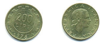 Италия 200 лир 1978 R, шестерня KM 105 алюминиевая бронза 80-1252