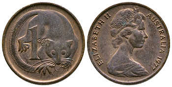 АВСТРАЛИЯ 1 ЦЕНТ 1977 ЕЛИЗАВЕТА II, МОЛОДОЙ ПОРТРЕТ, ОПОССУМ КМ 62 бронза 35-121