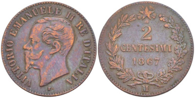 ИТАЛИЯ 2 ЧЕНТЕЗИМО 1867 М, МОНДВОР МИЛАН, ВИКТОР ЭММАНУИЛ II (1861-1878) KM 2.1 медь 4182-1216