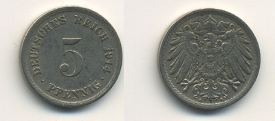 ГЕРМАНИЯ 5 ПФЕННИГОВ 1914 A, KM 11, J. 12 медно-никель 54-661