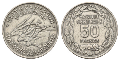 Камерун 50 франков 1960 год-тип KM 13 медно-никель 4565-636