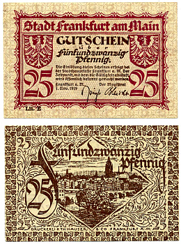 ФРАНКФУРТ НА МАЙНЕ 25 ПФЕННИГОВ 1919 1 НОЯБРЯ 1919, НОТГЕЛЬД, ЗЕМЛЯ ГЕССЕН, БУКВА Е Grabowski F16.7 бумага 2193-11-1-1