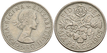 Великобритания 6 пенсов 1965 Елизавета II (1952-2022) KM 889, Spink 4141 медно-никель 4152-416