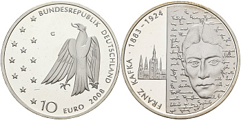 ФРГ 10 евро 2008 G, 125 лет со дня рождения Франца Кафки KM 271, DE.S. 10.36 серебро PROOF 1076-3-74