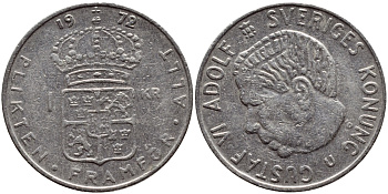 Швеция 1 крона 1972 Густав VI Адольф (1950-1973) KM 826a медь плакированная медно-никелем 4395-121