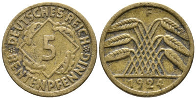 ГЕРМАНИЯ 5 РЕНТЕНПФЕННИГОВ 1924 F KM 32, J. 308 алюминиевая бронза 39-457