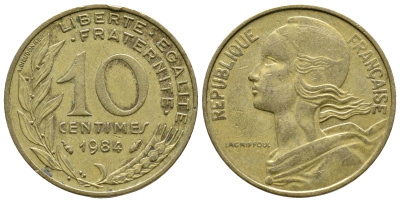 Франция 10 сантимов 1984 тип Марианна KM 929 медь алюминий никель 3461-236