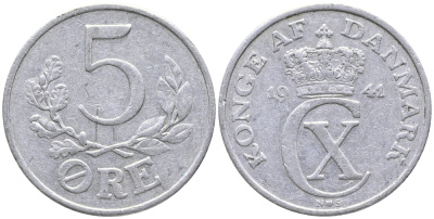 ДАНИЯ 5 ЭРЕ 1941 N; S, КРИСТИАН X (1912-1947) KM 834 алюминий 32-532