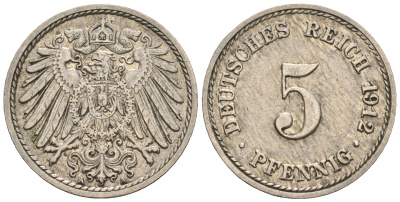 Германия 5 пфеннигов 1912 A, KM 11, J. 12 медно-никель 220-641