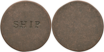 ЕВРОПА ЖЕТОН ND КОРАБЛЬ, SHIP, ОДНОСТОРОННИЙ ЧЕКАН, ДИАМЕТР 28 ММ. медь 97-725