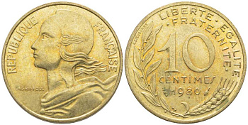 ФРАНЦИЯ 10 САНТИМОВ 1980 ТИП MARIANNE КМ 929, LE FRANC 144.20 алюминиевая бронза 116-126