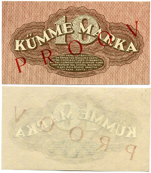 Эстония 10 марок 1922 красная диагональная надпечатка, PROOV, проба, SPECIMEN, односторонняя печать Pick 53s бумага UNC (пресс) 451-688-2