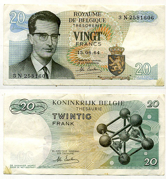 Бельгия 20 франков 1964 Бодуэн I, атомиум, Esselens Pick 138 (2) бумага 7457-41-3-2