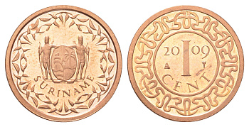 Суринам 1 цент 2009 тираж 1000 экземпляров KM 11b сталь плакированная медью BU 4625-265