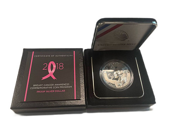 США 1 доллар 2018 P, Осведомленность о раке груди, в оригинальной коробке, с сертификатом KM 681 серебро PROOF 8-2-02-10