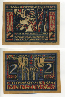 Германия, Мюнстер 2 марки 1921 нотгельд, 1 августа 1921, пытки каленым железом (январь 1536) Grabowski 916.2a  бумага  7217-82-1-2