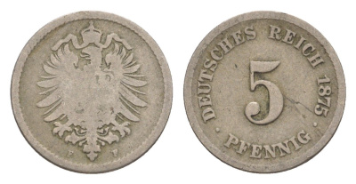 Германия 5 пфеннигов 1875 F, Вильгельм I (1871-1888) KM 3, J. 3, Weege 5 медно-никель 4639-1247