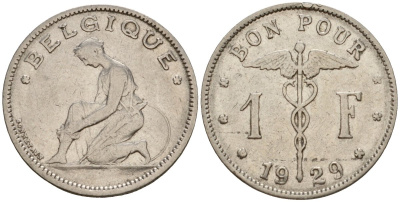 Бельгия 1 франк 1929 Belgique KM 89 никель 33-1241