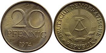 ГДР 20 пфеннигов 1974 А KM 11 латунь UNC 54-1946