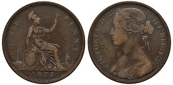 Великобритания 1 пенни 1873 Виктория (1837-1901) KM 749.2, Spink 3954 бронза 189-136