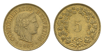 Швейцария 5 раппенов 1987 B KM 26c алюминиевая бронза 4611-1259