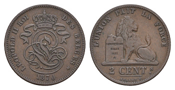 Бельгия 2 сантима 1870 Des Belges, Леопольд II (1865-1909) KM 35 медь 4658-844