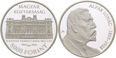 Венгрия 5000 форинтов 2005 Игнац Альпар, здание венгерского национального банка, тираж 3000 экземпляров KM 783 серебро PROOF 04-093-21