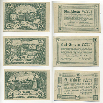 Австрия набор из 3 банкнот 1920 13 июня 1920, нотгельд, 20, 30, 50 геллеров, PONDORF, ЗЕЛЕНЫЕ   бумага  aUNC  7555-8-3-2