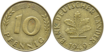 ФРГ 10 ПФЕННИГОВ 1949 J KM 103, J.378 сталь плакированная латунью 54-2422