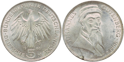 ФРГ 5 марок 1968 G, 500 лет со дня смерти Иоганна Гутенберга KM 122, J. 397 серебро aUNC 1529-143