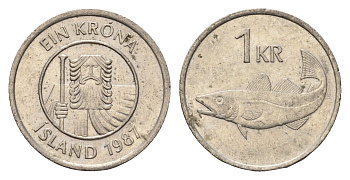Исландия 1 крона 1987 треска KM 27 медно-никель 4691-537