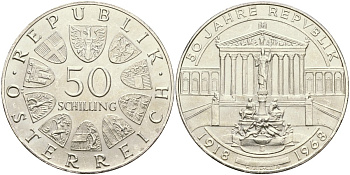 Австрия 50 шиллингов 1968 50 лет Австрийской Республике KM 2904.1 серебро UNC 04-322-42