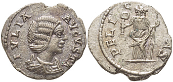 Римская Империя денарий 206 Юлия Домна, жена Септимия Севера, IVLIA AVGVSTA, бюст императрицы / PELICITAS (SIC !), Фелицитата, персонификация Блаженства, Рим, 2,99 гр RIC 551 серебро 1073-18-45