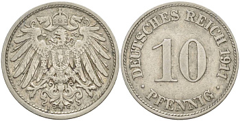 Германия 10 пфеннигов 1911 D KM 12, Jager 13, Weege 8 медно-никель 219-214