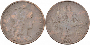 ФРАНЦИЯ 5 САНТИМОВ 1909 ТИП ДАНИЭЛЬ ДЮПЮИ KM 842, LE FRANC 119.20 бронза 77-247