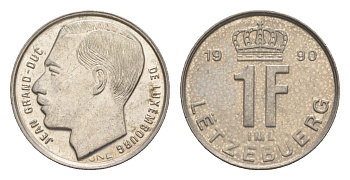 Люксембург 1 франк 1990 Герцог Жан (1964-1999) KM 63 сталь плакированная никелем 4158-1136
