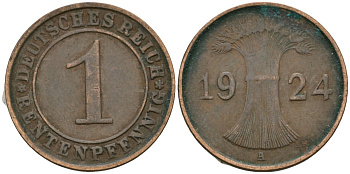 Германия 1 рентенпфенниг 1924 A KM 30, J. 306 бронза 4608-312