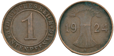 Германия 1 рентенпфенниг 1924 A KM 30, J. 306 бронза 4608-312