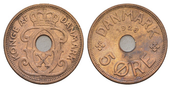 Дания 5 эре 1928 N, Кристиан X (1912-1947) KM 828 бронза 4657-236