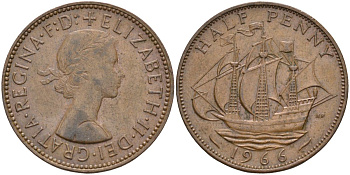 Великобритания 1/2 пенни 1966 Елизавета II (1952-2022) KM 896, Spink 4158 бронза 4126-813