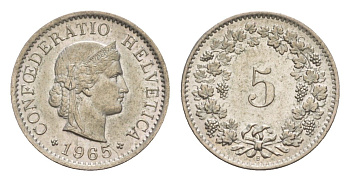 Швейцария 5 раппенов 1965 B, редкий год - 1.430.000 экземпляров KM 26 медно-никель UNC 633-1231
