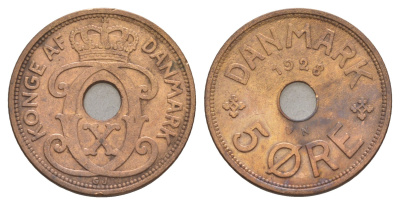 Дания 5 эре 1928 N, Кристиан X (1912-1947) KM 828 бронза 4657-236