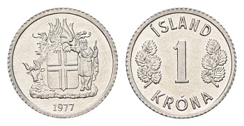 Исландия 1 крона 1977 KM 23 алюминий UNC 4687-816