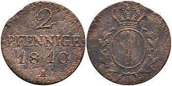 ПРУССИЯ 2 ПФЕННИГА 1810 А, ФРИДРИХ ВИЛЬГЕЛЬМ III (1797-1840) KM 391 медь 117-513