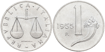 Италия 1 лира 1955 R, весы KM 91 алюминий  UNC  4594-732
