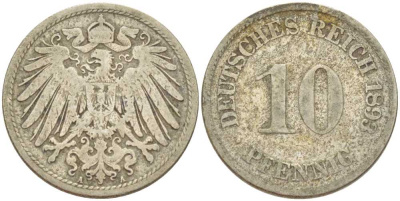 ГЕРМАНИЯ 10 ПФЕННИГОВ 1893 A KM 12, J. 13, Weege 8 медно-никель 261-1255