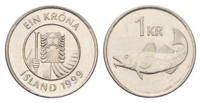 Исландия 1 крона 1999 треска KM 27a сталь плакированная никелем UNC 4687-847