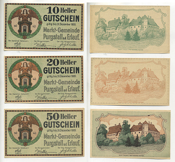 Австрия набор из 3 банкнот 1920 до 31 декабря 1920, нотгельд, 10, 20, 50 геллеров, PURGSTALL am der ERLAUF   бумага  aUNC  7555-12-3-2
